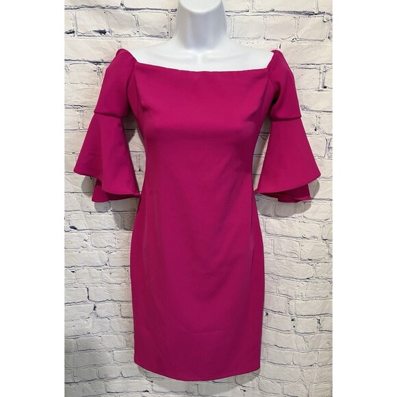 LAUNDRY by SHELLI SEGAL Off Shoulder Crepe Hot Magenta Pink Cocktail Dress 0 - Picture 2 of 7